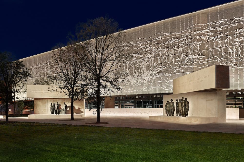 Eisenhower Memorial Tapestry at night